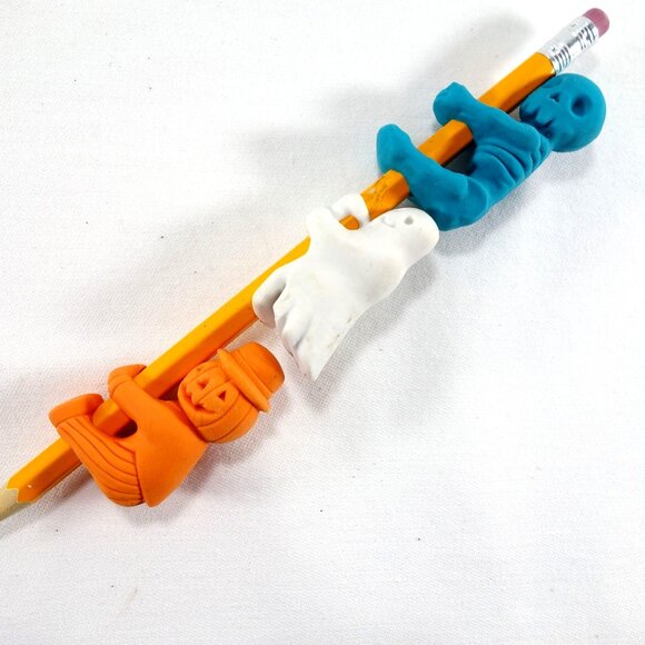 Halloween-Themed Pencil Toppers Set Of 10 Ghosts Skeletons & Pumpkin Heads - Picture 2 of 4